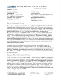 Committee on Implementing the Research Results of the Second Strategic Highway Research Program (SHRP 2) Letter Report: September 19, 2012